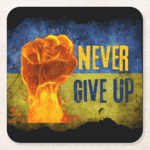 Grunge Never Give Up Ukraine Flaming Fist   Square Paper Coaster