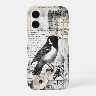 Grunge Newspaper Bird Collage Scrapbook Monogram iPhone 16 Case