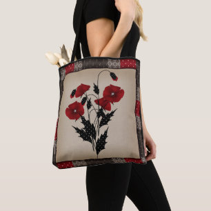 Grunge oldish retro vintage poppies red flowers fl tote bag