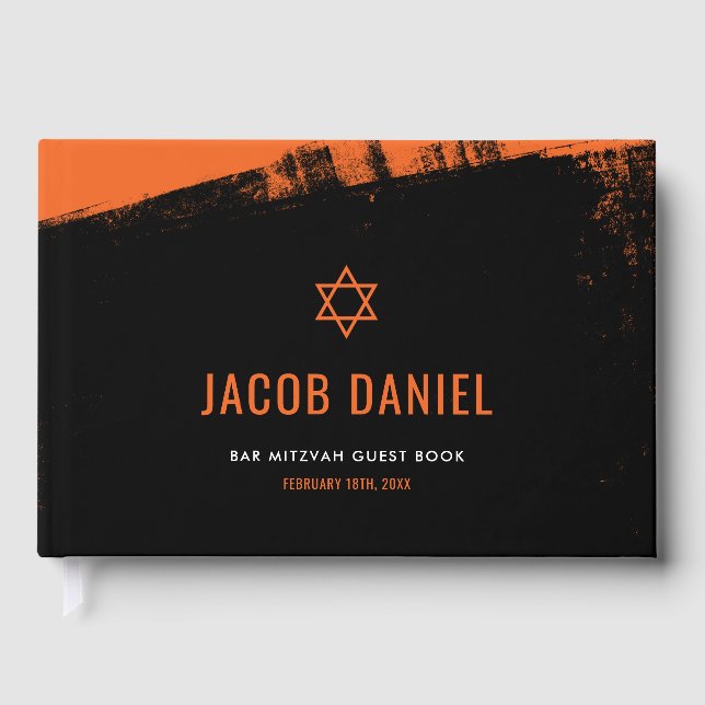 Grunge Orange Black Bar Mitzvah Guest Book (Front)