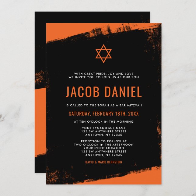 Grunge Orange Black Bar Mitzvah Invitation (Front/Back)