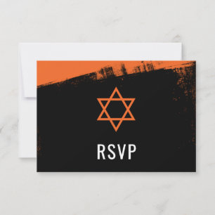 Grunge Orange Black Bar Mitzvah RSVP Card
