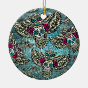 Grunge Owls with sugar skulls Ceramic Tree Decoration