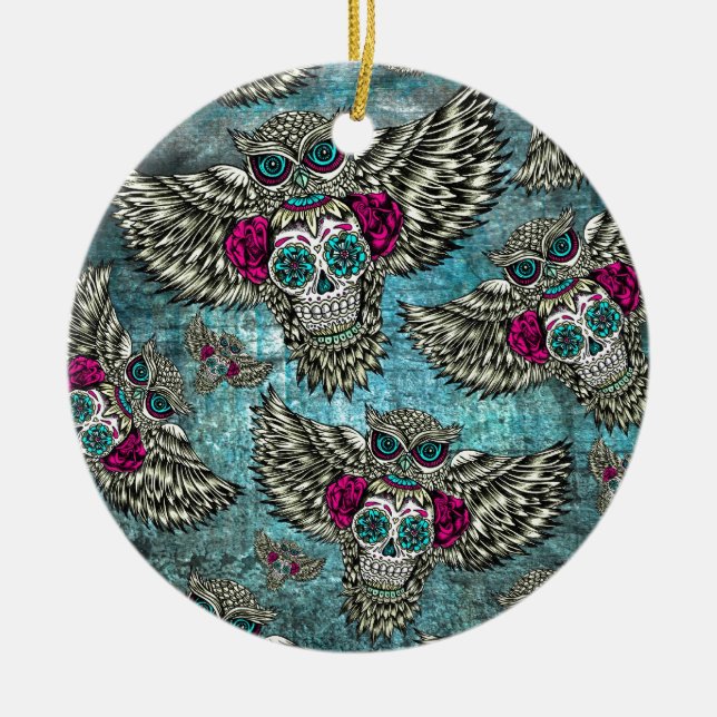 Grunge Owls with sugar skulls Ceramic Tree Decoration (Front)