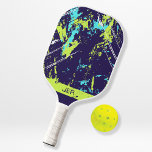 Grunge Paint Splash Monogram Initials Blue Sports Pickleball Paddle<br><div class="desc">Cool distressed sports design features a grunge paint splash pattern in lime green, teal & white on a dark blue background. Customise with three initials in the fun coordinating dark blue font on a distressed lime green banner with the simple to use template. The design repeats on the reverse side....</div>