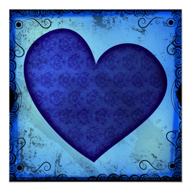 Grunge Paisley Blue Heart Poster (Front)