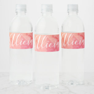 Grunge pink orange watercolor custom name text water bottle label