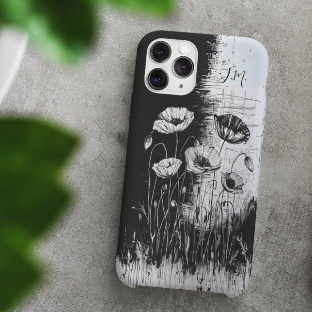 Grunge Poppy Black White Monogram Custom Name Case-Mate iPhone Case (Creator Uploaded)
