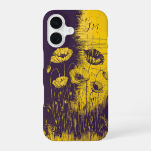 Grunge Poppy Yellow Purple Monogram Custom Name iPhone 16 Case