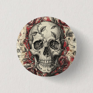 Grunge Punk Skull and Roses Illustration 3 Cm Round Badge