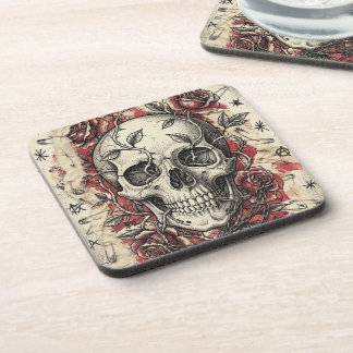 Grunge Punk Skull and Roses Illustration Coaster