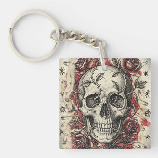 Grunge Punk Skull and Roses Illustration Key Ring