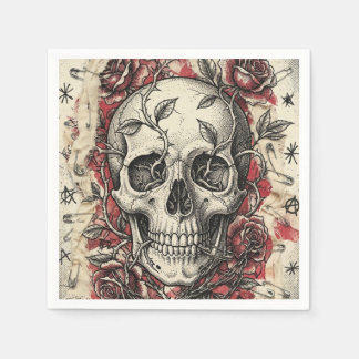 Grunge Punk Skull and Roses Illustration Napkin