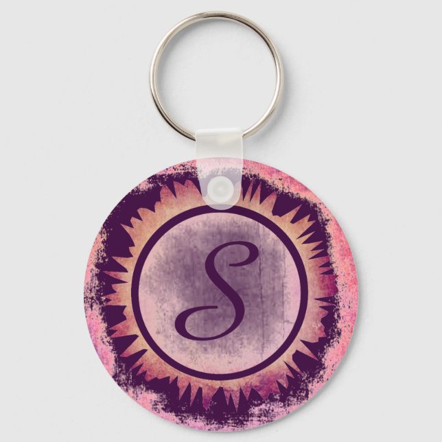 Grunge purple flower custom monogram keychain (Front)