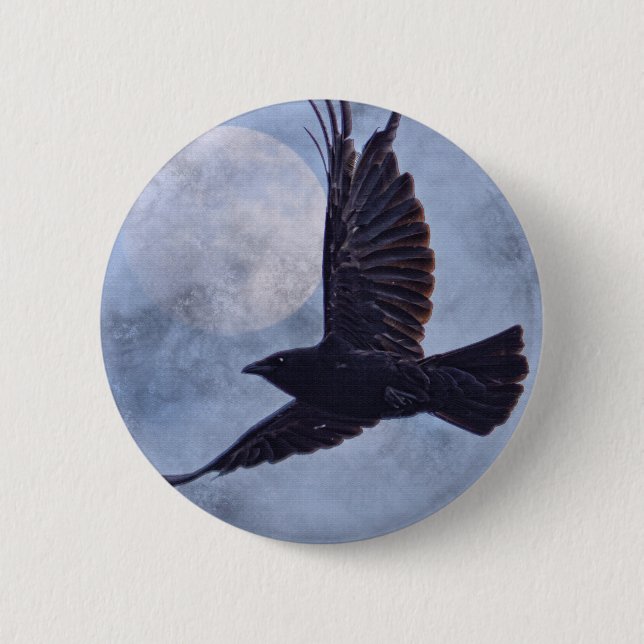 Grunge Raven & Moon Lt Blue Art Design 6 Cm Round Badge (Front)