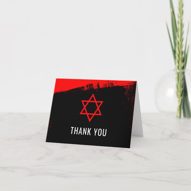 Grunge Red Bar Mitzvah Thank You Card (Front)