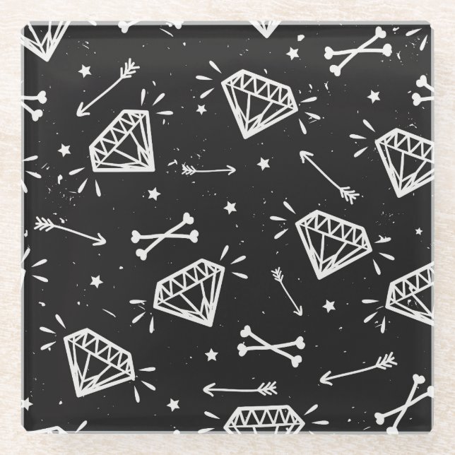 Grunge rock: diamonds, bones pattern. glass coaster (Front)