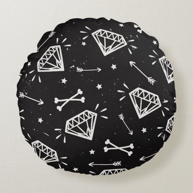 Grunge rock: diamonds, bones pattern. round cushion (Front)