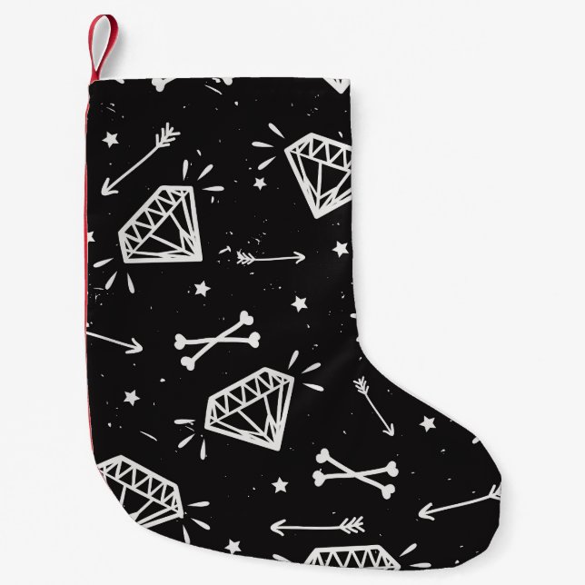 Grunge rock: diamonds, bones pattern. small christmas stocking (Front)