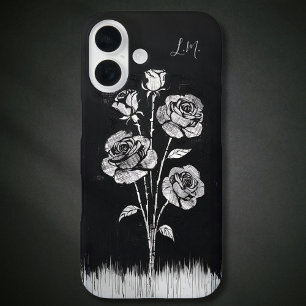Grunge Roses Black White Monogram Custom Name iPhone 16 Case