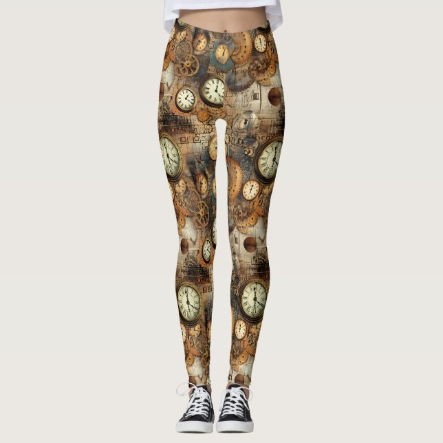 Grunge Rustic Steampunk Clock (10) Leggings (Front)