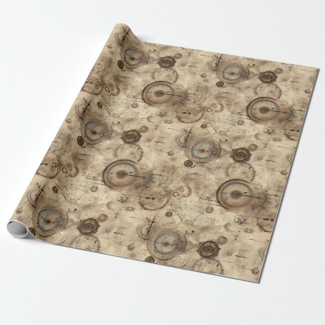 Grunge Rustic Steampunk Clock (11) Wrapping Paper (Unrolled)