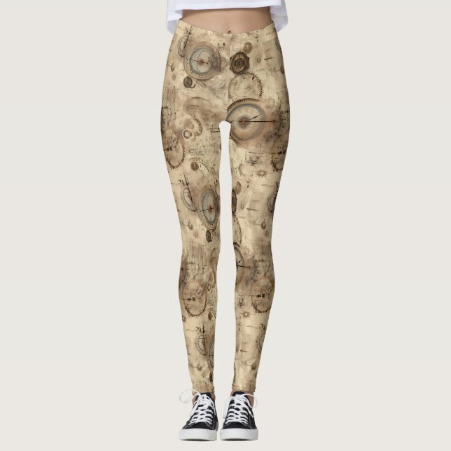 Grunge Rustic Steampunk Clock (12) Leggings (Front)