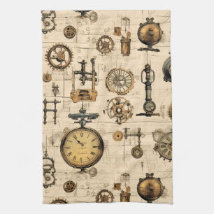 Grunge Rustic Steampunk Clock (13) Tea Towel