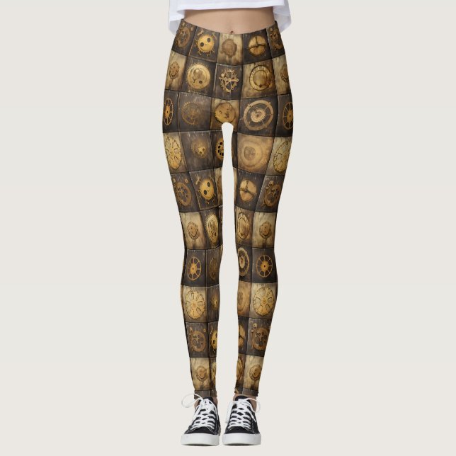 Grunge Rustic Steampunk Clock (15) Leggings (Front)
