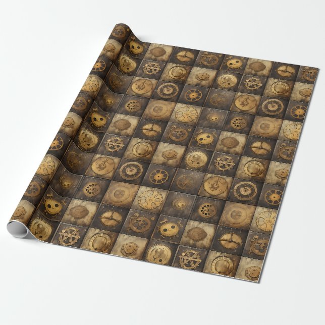 Grunge Rustic Steampunk Clock (15) Wrapping Paper (Unrolled)