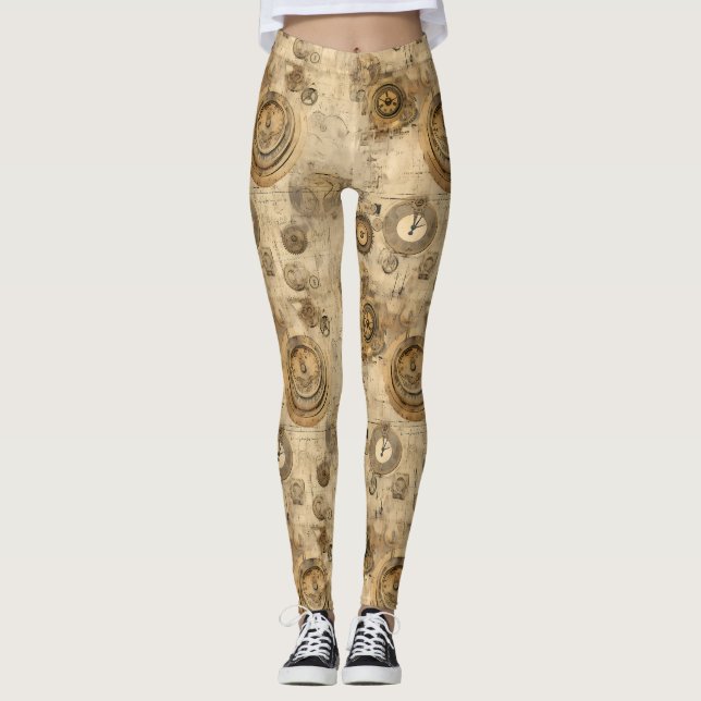 Grunge Rustic Steampunk Clock (2) Leggings (Front)