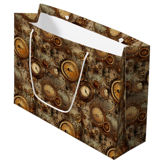 Grunge Rustic Steampunk Clock (3) Large Gift Bag (Front Angled)