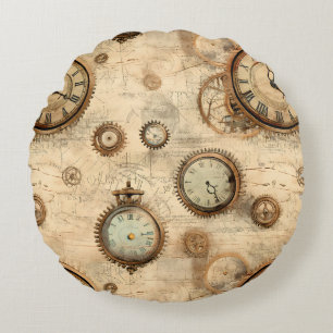 Grunge Rustic Steampunk Clock (6) Round Cushion