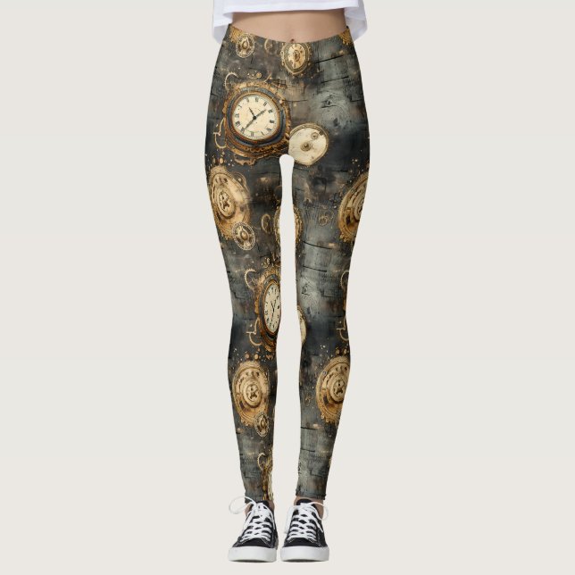 Grunge Rustic Steampunk Clock (8) Leggings (Front)