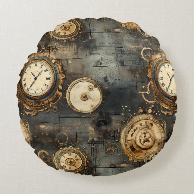 Grunge Rustic Steampunk Clock (8) Round Cushion (Front)