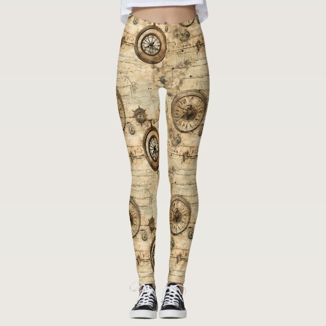 Grunge Rustic Steampunk Clock (9) Leggings (Front)