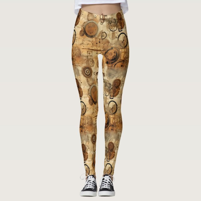 Grunge Rustic Steampunk Clock Leggings (Front)