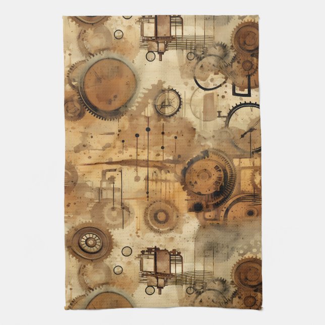 Grunge Rustic Steampunk Clock Tea Towel (Vertical)