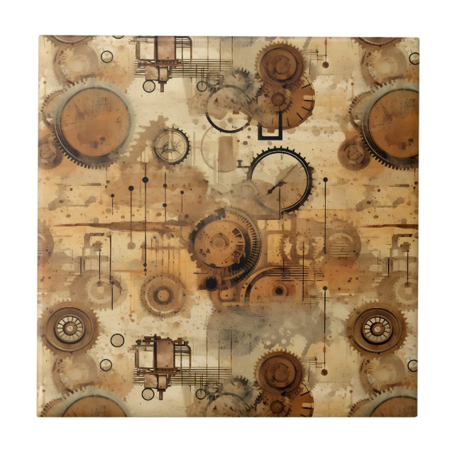 Grunge Rustic Steampunk Clock Tile (Front)