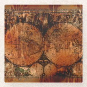 Grunge Rustic Vintage Old World Map Glass Coaster