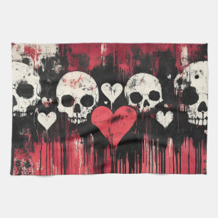 Grunge Skull and Hearts- Bold Red and Black Art Tea Towel