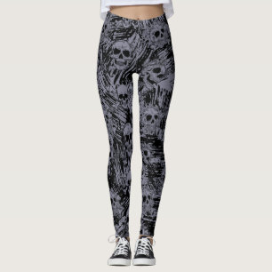 Grunge Skull Bones Pattern Black Grey Halloween Leggings