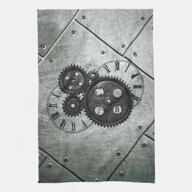 Grunge Steampunk Clocks and Gears Tea Towel (Vertical)