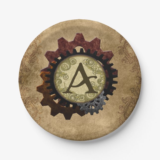 Grunge Steampunk Gears Monogram Letter A Paper Plate (Front)