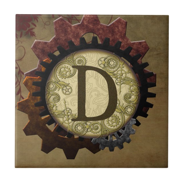 Grunge Steampunk Gears Monogram Letter D Tile (Front)