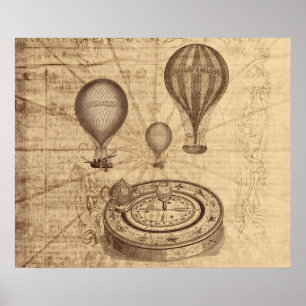 grunge steampunk hot air balloons on old map poster