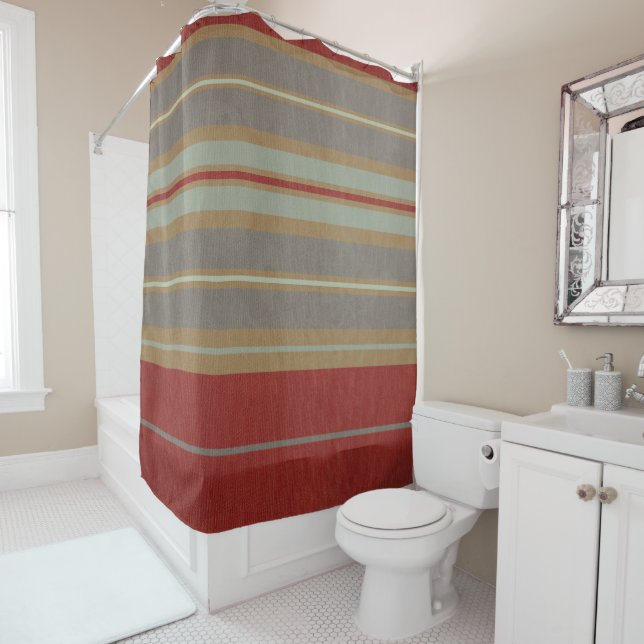 Grunge Stripe Modern Red Caramel Green White Shower Curtain (In Situ)