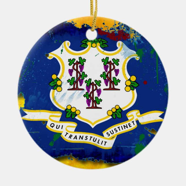 Grunge Style Connecticut Flag Ceramic Tree Decoration (Front)