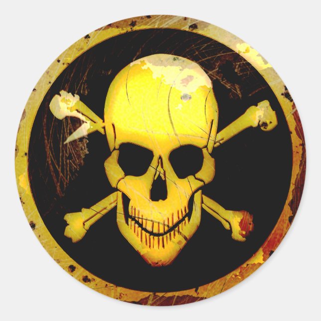 Grunge Style Gold Skull and Crossbones Classic Round Sticker (Front)