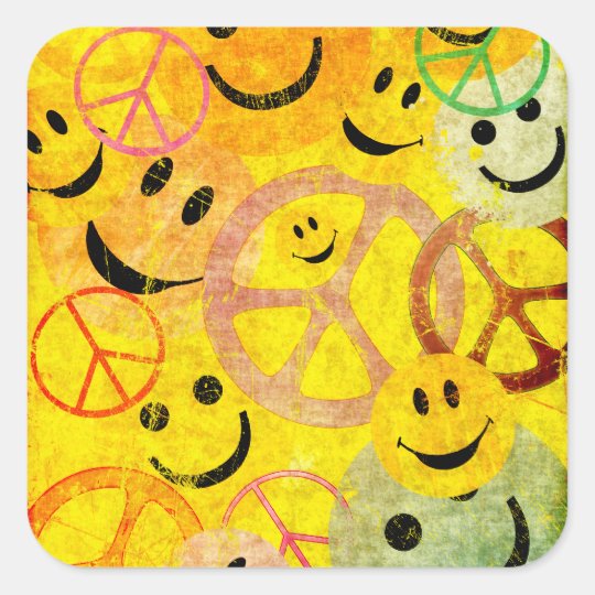 Grunge Style Peace Signs and Smiley Faces Square Sticker